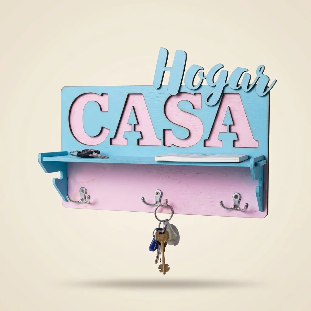 Portallaves con estante "Casa Hogar" en rosa y celeste