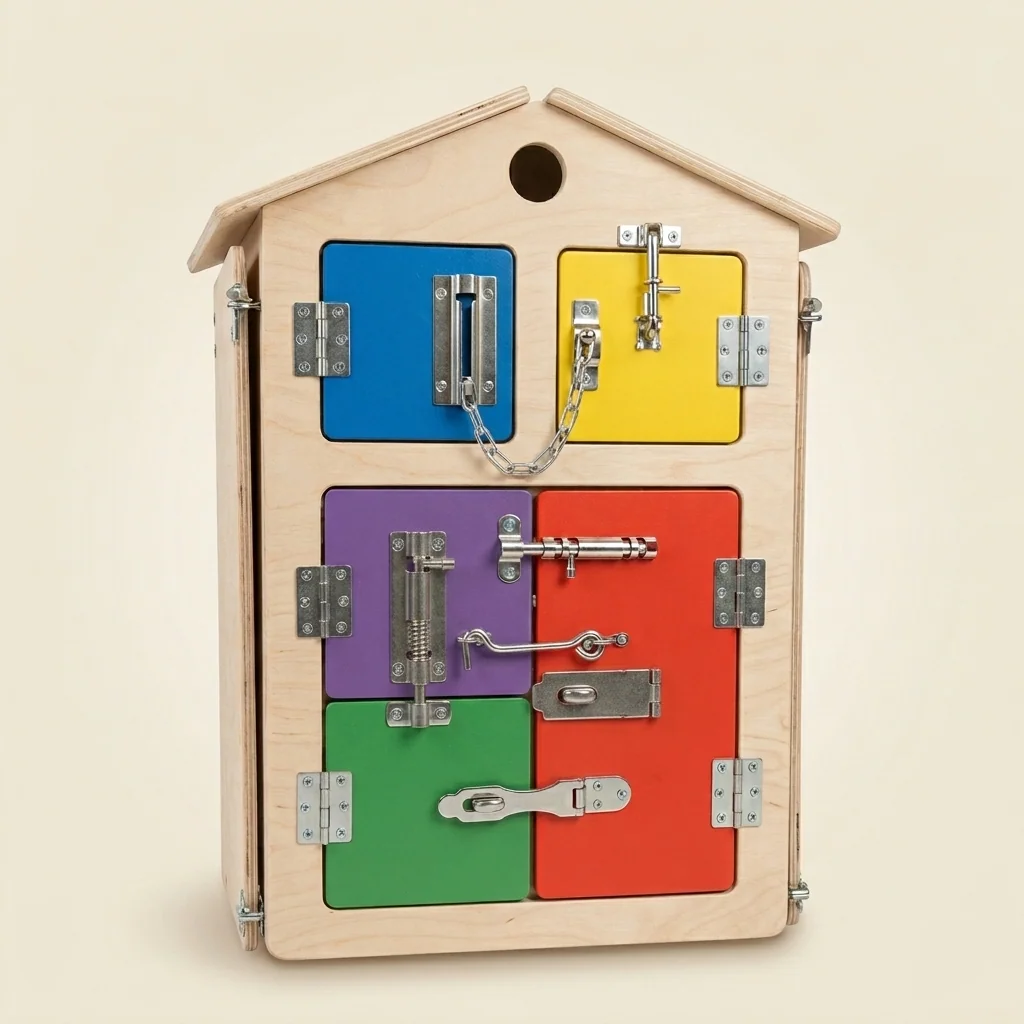 Tablero Montessori de cerrojos con puertas de colores