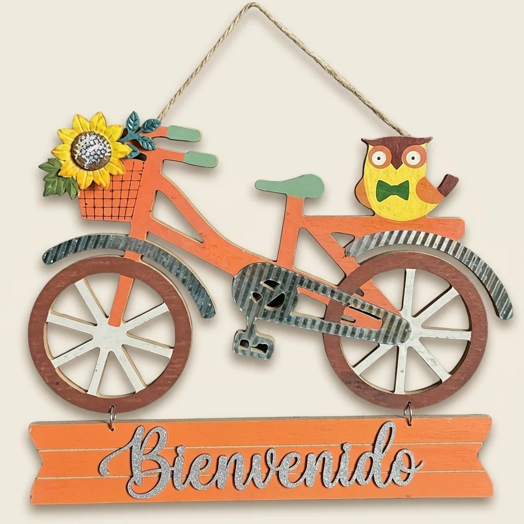 Letrero de bienvenida con bicicleta, girasol y búho otoñal